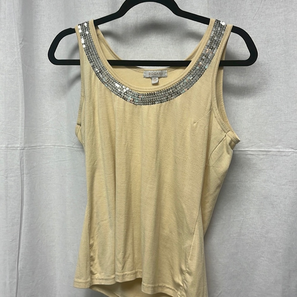 Bokgari, silk blend Medium size cream yellow tank top, with silver sequins.